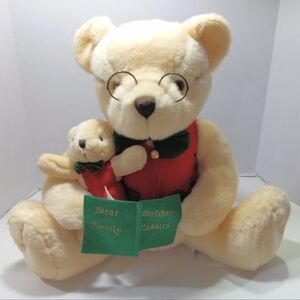 Vintage Christmas Bear Plush Dad Reading To Baby 1997 Kids Preferred